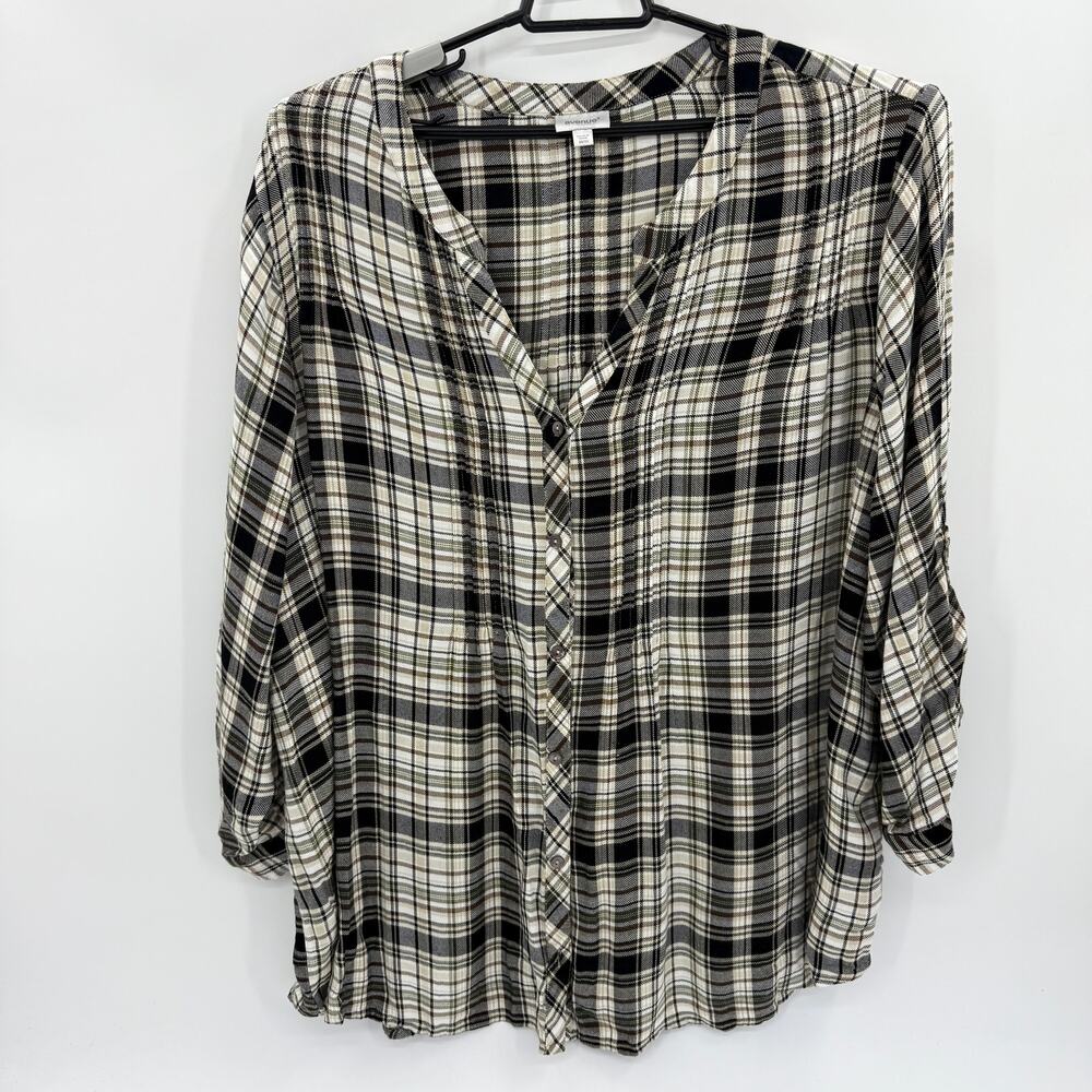 AVENUE Womens Flannel Plaid Button Up Shirt Size 30 Roll Tab Pin Tuck V-Neck